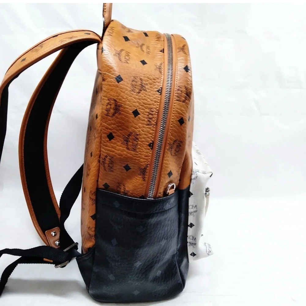 Authentic MCM BackPack Bag  Black Tan White leather pvc